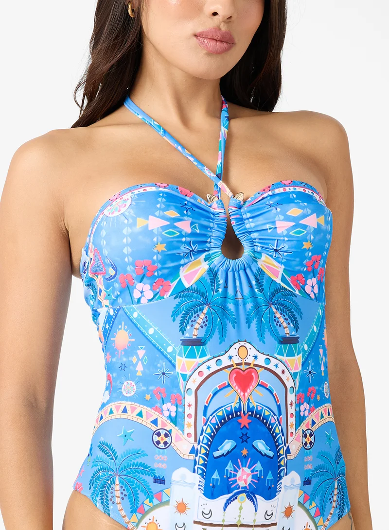 Ginger Baroque Print Halter Neck Swimsuit
